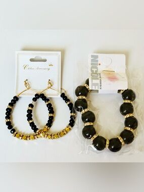 Wood Beads 2 Pc Set Hoop Earrings and Bracelet NIP Gold-Tone Rhinestones NEW